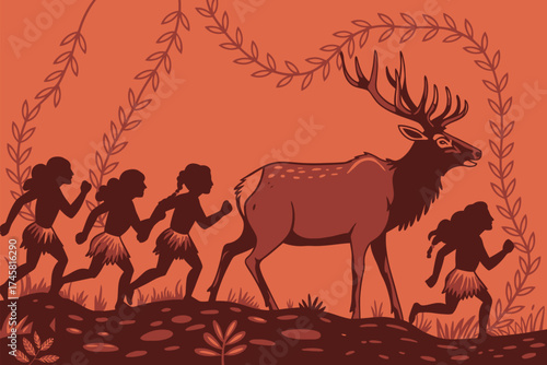 Prehistoric Hunters Spearing Giant Deer – Ancient Landscape Scene Depicting Early Human Survival, Tribal Hunting, and Primitive Tools in Natural Prehistoric Wilderness Environment