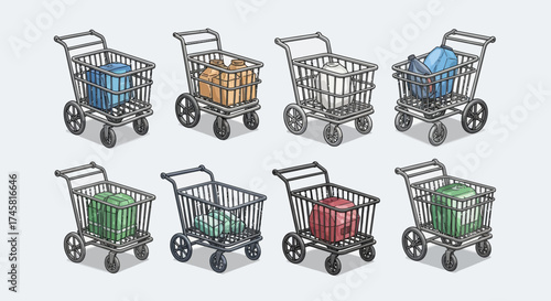 Shopping carts filled with various items representing consumerism and retail.