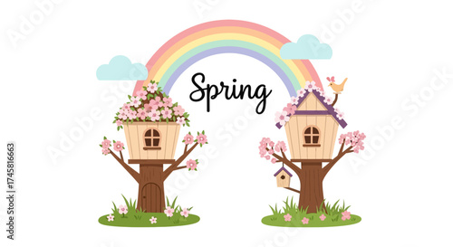 Spring season illustration with birdhouses and rainbow.