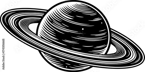 Black and white illustration of Saturn planet with rings  