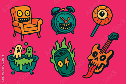 A bright pink background that contains a variety of whimsical creature illustrations