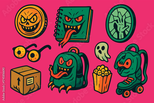 A vibrant pink background featuring a variety of cartoon-style illustrations of monsters and objects including a book sunglasses a box a backpack a bag a skateboarder and a ghost