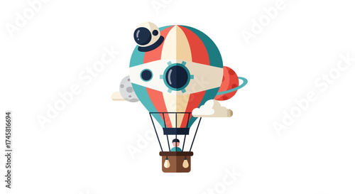 Steampunk hot air balloon with intricate details and a basket.