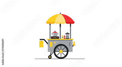 Street food cart with umbrella and cooking equipment.