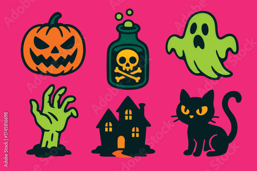 A set of 6 halloween colored line art icons featuring witch's glove on hand orange bottle with a skull logo on it resembling witch or ghost black house in the center green and gray animal silhouettes