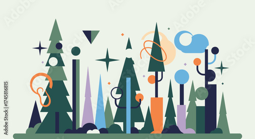Stylized Abstract Forest Landscape with Geometric Trees and Shapes.