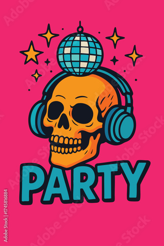 A neon yellow skull with headphones and a mirrorball on its head set against bright red background with stars