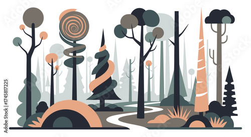 Stylized Forest Scene with Unique Trees and Winding Path.