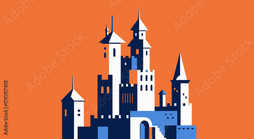 Stylized illustration of a grand medieval castle with multiple towers and turrets.