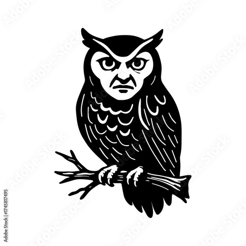owl, branch, human face, surreal, fantasy, gothic, mysterious, vector, black and white, spooky, creepy, mystical, halloween, dark art, night, portrait, hybrid, eerie, illustration, macabre