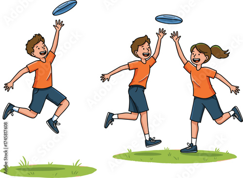 Cartoon children playing frisbee, jumping to catch, flying disc, outdoor fun, grassy field, orange shirts, teamwork, sport activity, motion, excitement