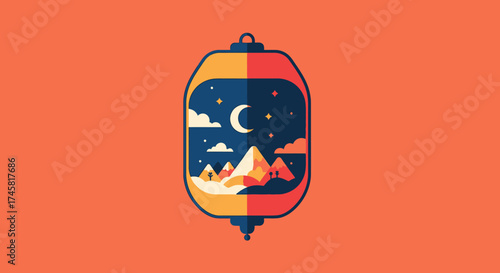 Stylized Mountain Night Scene in Decorative Lantern Illustration.