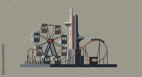 Stylized Minimalist Illustration of an Amusement Park Scene.