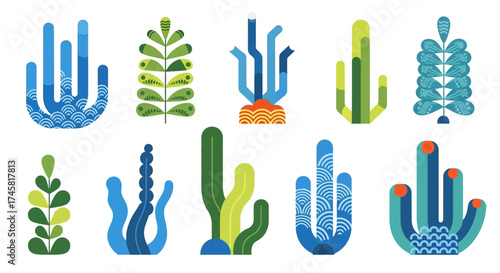 Stylized Seaweed and Coral Illustrations in Varied Colors and Shapes.