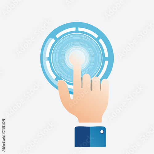 A hand pressing a glowing blue futuristic button on a white background.
