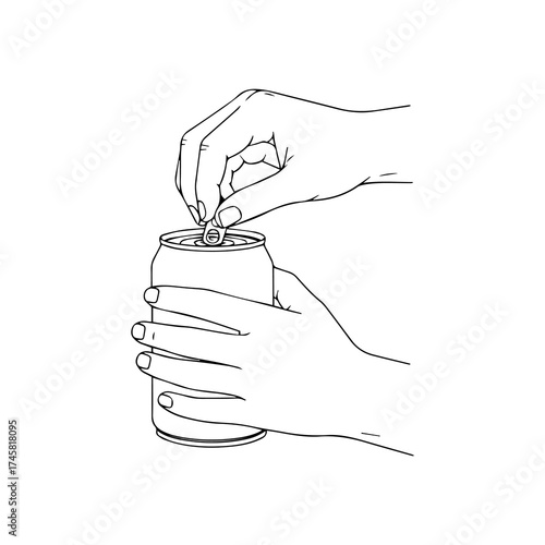 Vector art of closeup line art illustration of a hand opening a soda can