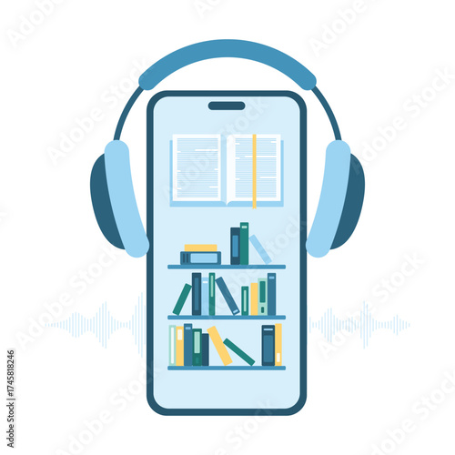 Audiobook and headphones to listen MP3 sound, ebook and guide vector illustration. Cartoon isolated mobile phone with earphones and audiobook online app, book store or library shelves on screen