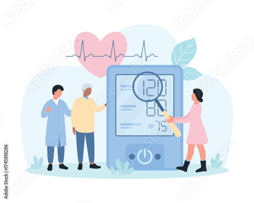 Arterial hypertension, cardiovascular system checkup vector illustration. Cartoon tiny doctors measuring blood pressure of patient using electronic device, people check readings with magnifying glass