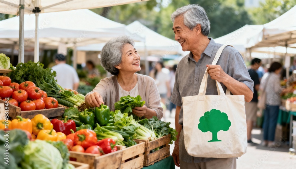Obraz premium Senior couple shopping for fresh vegetables at an outdoor farmers market on a sunny day