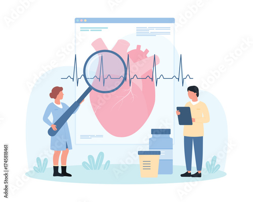 Diagnosis and treatment of cardiovascular disease vector illustration. Cartoon tiny people check patients heart health with magnifying glass, control and care heartbeats on cardiology examination