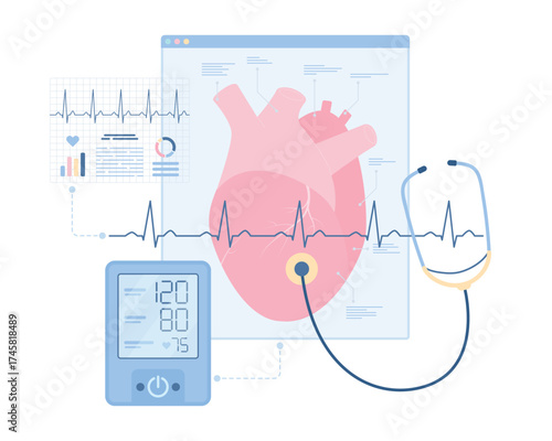 Cardiovascular care and heart health vector illustration. Cartoon isolated cardiologists checkup equipment, stethoscope and sphygmomanometer to measure blood pressure, electrocardiogram symbol