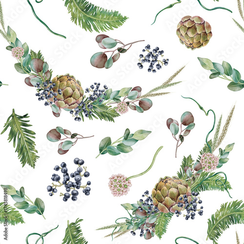 Watercolor illustration of a seamless floral pattern. Tropical design with fern, eucalyptus, wheat, armeria, allium, and artichoke. Suitable for printing on fabric, wallpaper, wrapping paper.