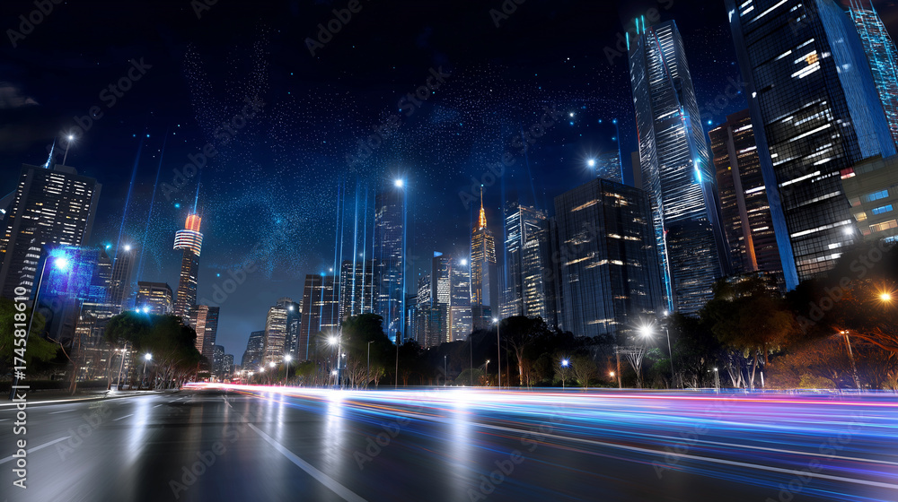 Fototapeta premium Dynamic night skyline filled with high-rise towers, holographic billboards and shimmering streetlights, representing a smart city of the future, with copy space