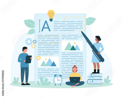 Original content creation and development, storytelling and copywriting vector illustration. Cartoon tiny copywriters create and edit article with pen, people edit text online with creative ideas