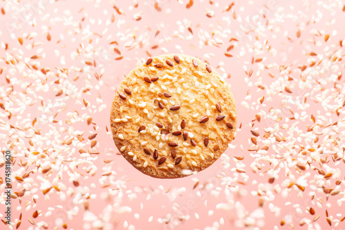 Flying cookie with sesame and flax seeds on pink background