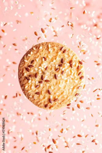 Flying cookie with sesame and flax seeds on pink background