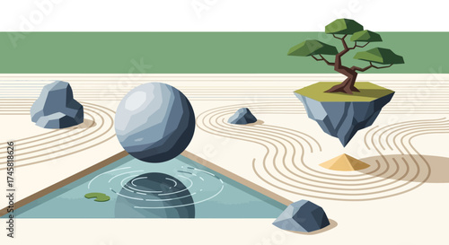 Surreal Zen Garden with a Floating Sphere and Bonsai Tree.