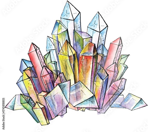 Watercolor crystal druse or cluster isolated on white background. Natural mineral formation, magic gemstone, sparkling texture.