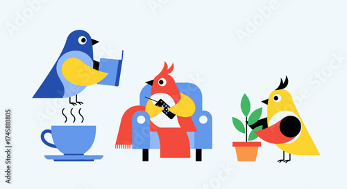 Three colorful cartoon birds enjoying their hobbies at home.