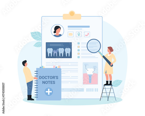 Digital medical card of patient, dentistry vector illustration. Cartoon tiny dentists with magnifying glass and notepad for doctors notes examine personal online data of patient on appointment