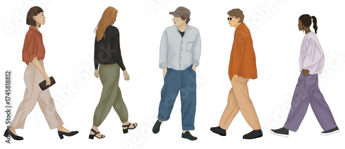 Architectural people/ character in elevation view - 2D- transparent png- walking men and women- Stylish and fashionable people- colorful