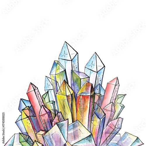 Watercolor crystals breaking out of the frame. Creative composition, escaping the border on white background.