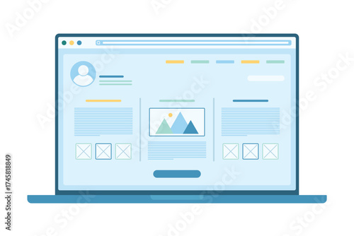 Dashboard design, mobile wireframe development vector illustration. Cartoon isolated responsive website prototype on laptop desktop, programming interface with layout of images and digital content