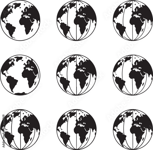 Nine Globe Icons Showing Different Views of Earth in Black and White