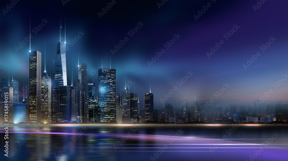 Fototapeta premium Night cityscape rendered in soft gradient lighting, digital art style showing harmony between architecture and technology, with copy space