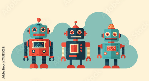 Three colorful robots standing together, a fun and friendly illustration.
