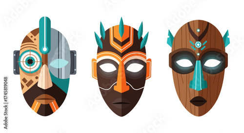 Three colorful tribal masks with intricate designs and patterns.