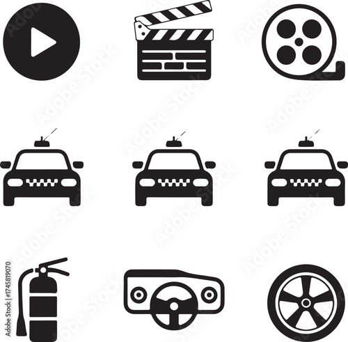 Set of car and transportation related icons in black and white