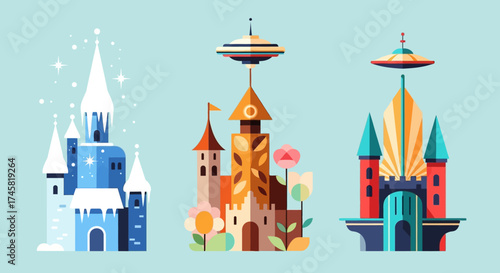 Three distinct fantasy castles with unique architectural styles and vibrant colors.