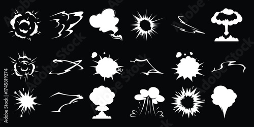 Collection of White Comic Book Style Explosion and Motion Effect Graphics