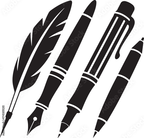 Vector Collection of Writing Tools Including Feather Quill and Pens