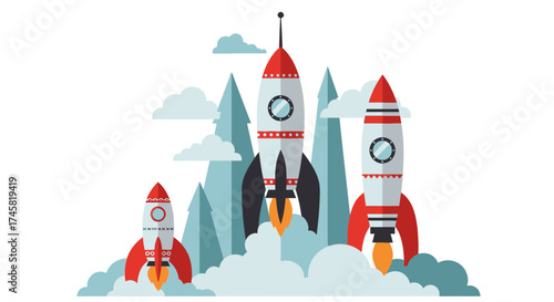 Three rockets launching into the sky with smoke and flames.