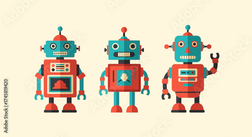 Three Retro Style Robots Standing Together in a Row.