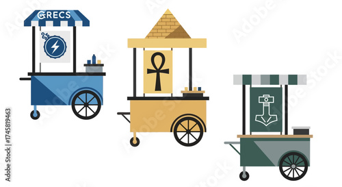 Three stylized carts with unique symbols and awnings.