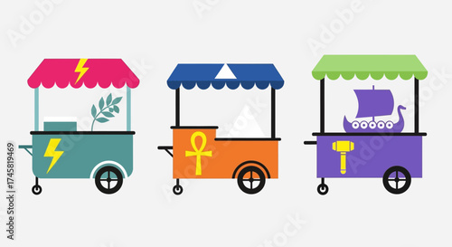 Three stylized food carts with unique themes and symbols.