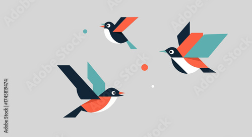 Three stylized geometric birds flying in formation with colorful wings.